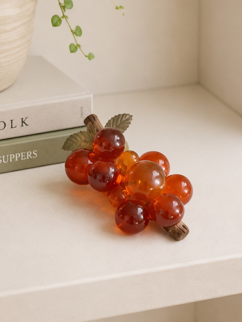 Vintage Orange Lucite Grape Cluster Driftwood Stem MCM 70s Decor Autumn‎ Retro